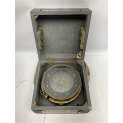  WWII period Type P10 aircraft compass, 16.5cm diameter brass rim marked “Type P10” and “No 1130B”, spring mounted onto brass base with Air Ministry plate marked “Crown A.M. No 6A.1671”; in original grey painted wooden box