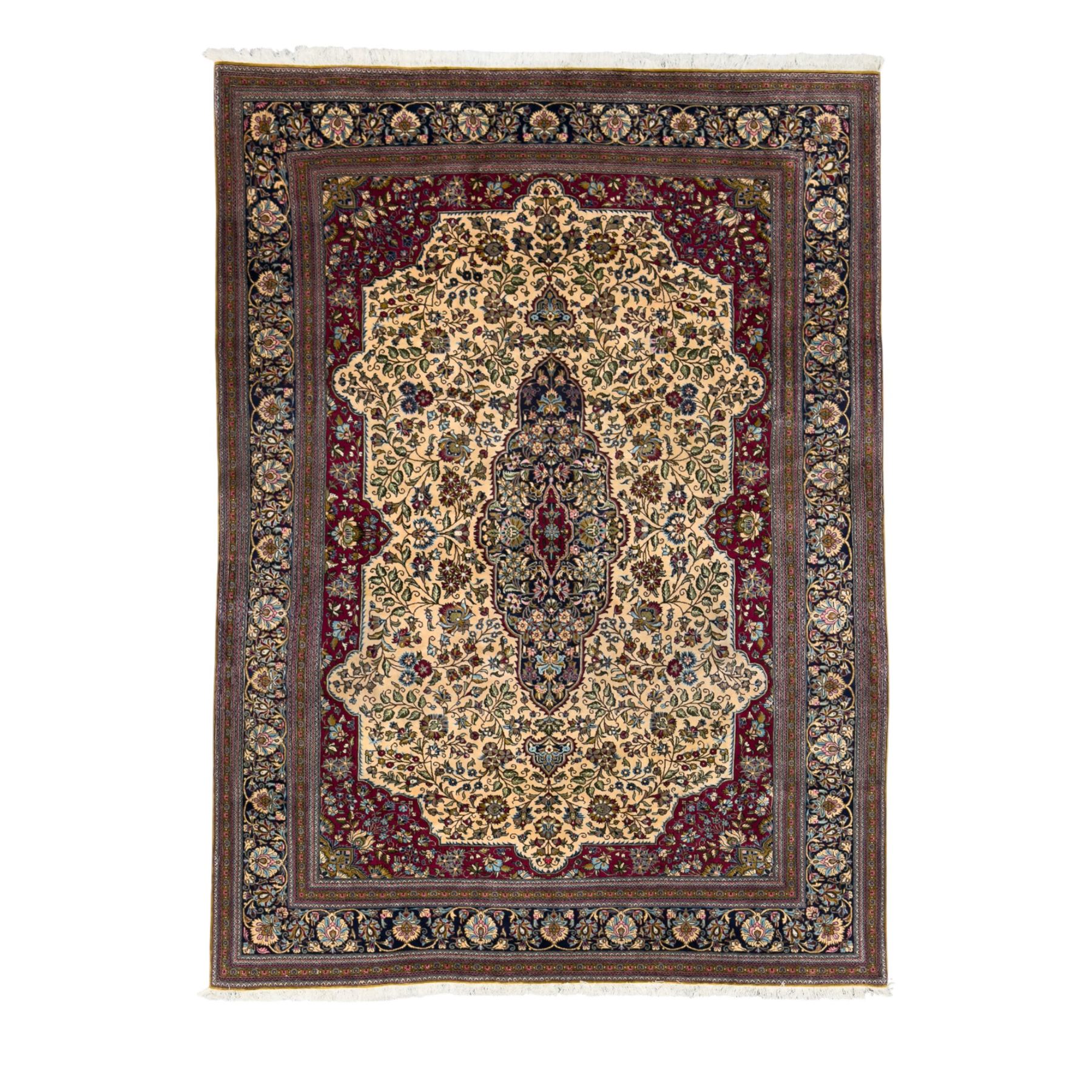Central Persian Ghom hand-knotted rug, ivory field with scrolling vines, palmettes and flowerheads around a central lobbed medallion with pendants, framed by burgundy spandrels and a navy border of rosettes and arabesques, 289cm x 214cm