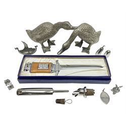 Pair of silver plated duck figures, together with other novelty silver plated items including aubergine needle case, longship salt, cricket bat corkscrew, dagger desk compendium etc, 