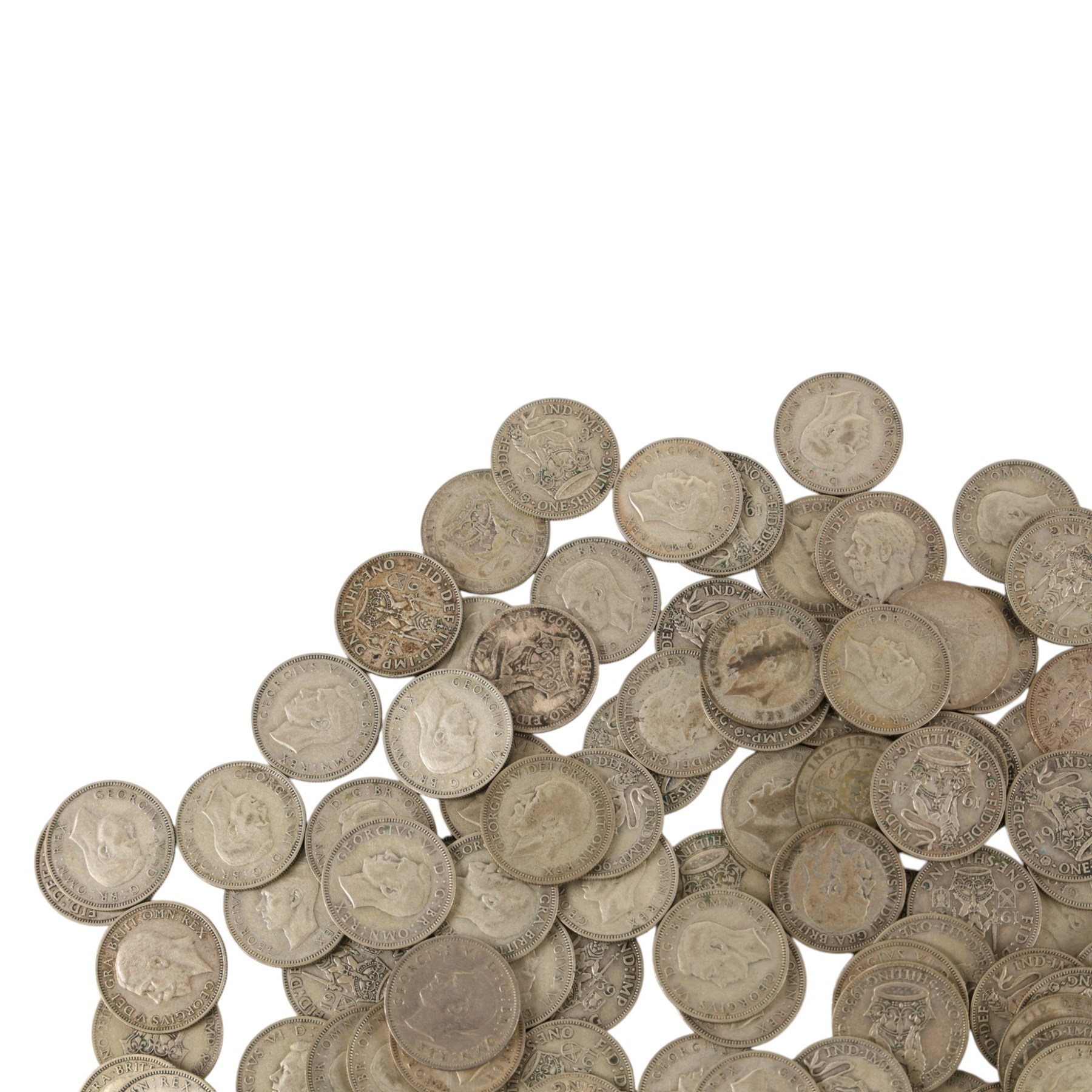 Approximately one hundred and sixty Great British pre-1947 silver one shilling coins