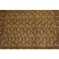 North West Persian Tabriz hand-knotted carpet, field with an all-over repeating boteh design arranged in rows, enclosed by a complimentary border flanked by guard stripes, in a palette of camel, beige and brown tones, with cotton fringe ends 