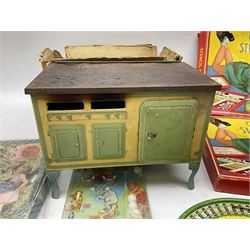 Kiddies Real Cooking Range being a methylated spirit heated tin-plate oven L23cm; boxed; small Circus bagatelle game; tin-plate clockwork railway track; two Stencil Outfits etc