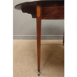  Late 18th mahogany Sheraton style Pembroke table, oval drop leaf top, single drawer to end, false drawer to reverse, square tapering supports with brass castors, inlaid with satinwood and boxwood stringing, H71cm, 92cm x 56cm  