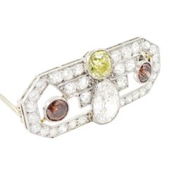 Early 20th century platinum diamond brooch, milgrain set with a pear cut faint brown diamond of approx 1.50 carat, an old cut fancy yellow / green diamond of approx 0.70 carat, and two old cut fancy orange / brown diamonds of approx 0.40 carat and 0.35 carat, surrounded by old cut white diamonds in an openwork setting, total white diamond weight approx 1.45 carat