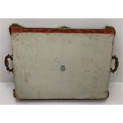A large Rocco style metal mounted ceramic tray, with twin handles, L82cm. 