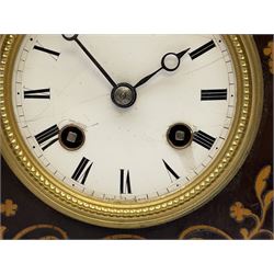 Late 19th century French ebony and satinwood inlaid Pendule D'officer campaign carriage clock, rectangular case with circular white enamel Roman dial, twin train eight day movement striking the hours and half on bell, inlaid throughout with scrolled and trailing foliage, gilt brass carrying handle and glass panel 