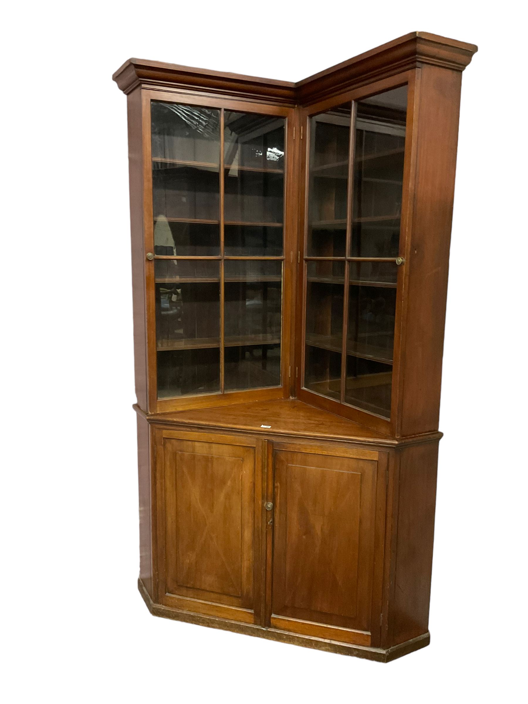 19th century mahogany corner bookcase cupboard, projecting cornice over