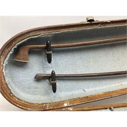 Mid-19th century German violin with 36cm two-piece maple back and ribs and spruce top, bears label 'Riccardo Antoniazzi Cremonese fece in Milano l'anno 1896' L59.5cm overall; in walnut case with two part bows