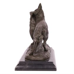 Composite figure of a fox with a pheasant in his mouth, upon a stepped marble base, H23cm, L28cm