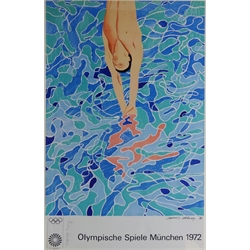  David Hockney (British 1937-): 'The Diver', original lithograph poster 'Olympische Spiele M1972', signed in pencil by David Hockney, pub. Edition Olympia, 106cm x 80cm  Provenance: from the estate of Keith Beverley of Sandell, Flamborough  