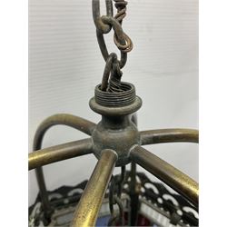 Victorian brass and stained leaded glass hall lantern, of hexagonal form, supported by four domed arms and pierced fret, H46cm W20cm