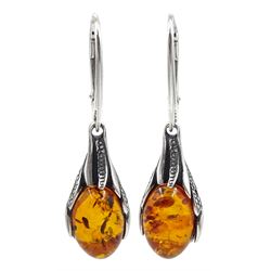 Pair of silver Baltic amber pendant earrings, stamped 925  
