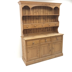  Solid pine farmhouse dresser, two tier plate rack with five short drawers above three long drawers and three cupboards, plinth base, W158cm, H201cm, D52cm  