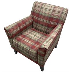 Next Home - traditional shaped armchair, upholstered in tartan fabric, raised on square tapering ebonised supports