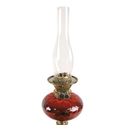 Victorian oil lamp, with etched shade with fluted rim, above a cranberry reservoir, on twisted brass pedestal and decorative base, together with cranberry glass jar, lamp H72cm 