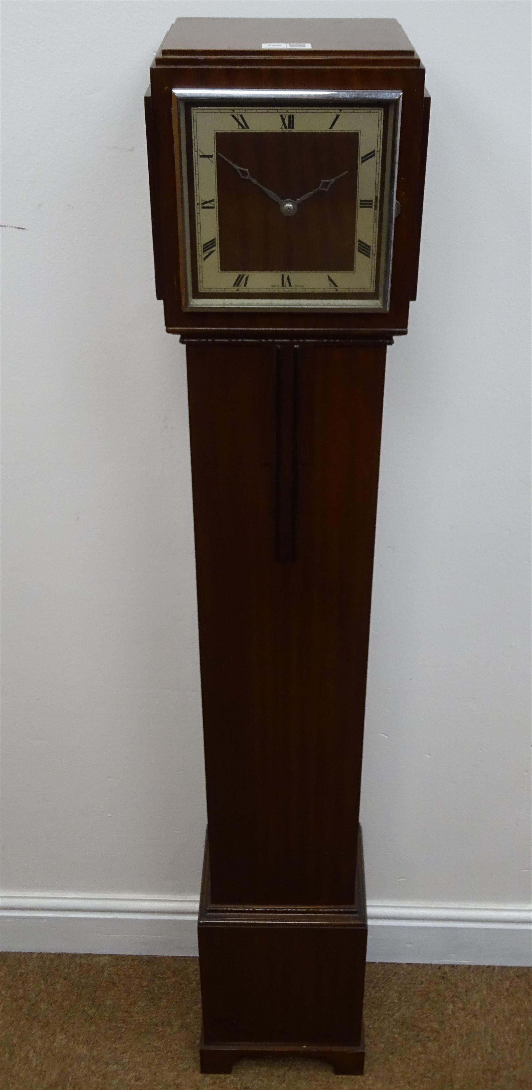 Art Deco mahogany electric grandmother clock H133cm, two Smiths half