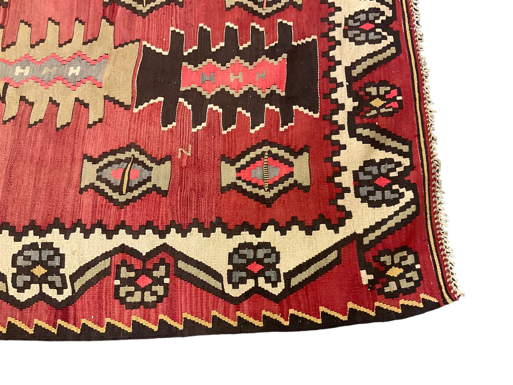 Large  red ground Kilim rug or wall hanging, decorated with geometric patterns and dated within the weave '1969'