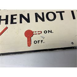 Painted metal warning notice 'Please turn off red air valve when not in use', H26cm, L51cm