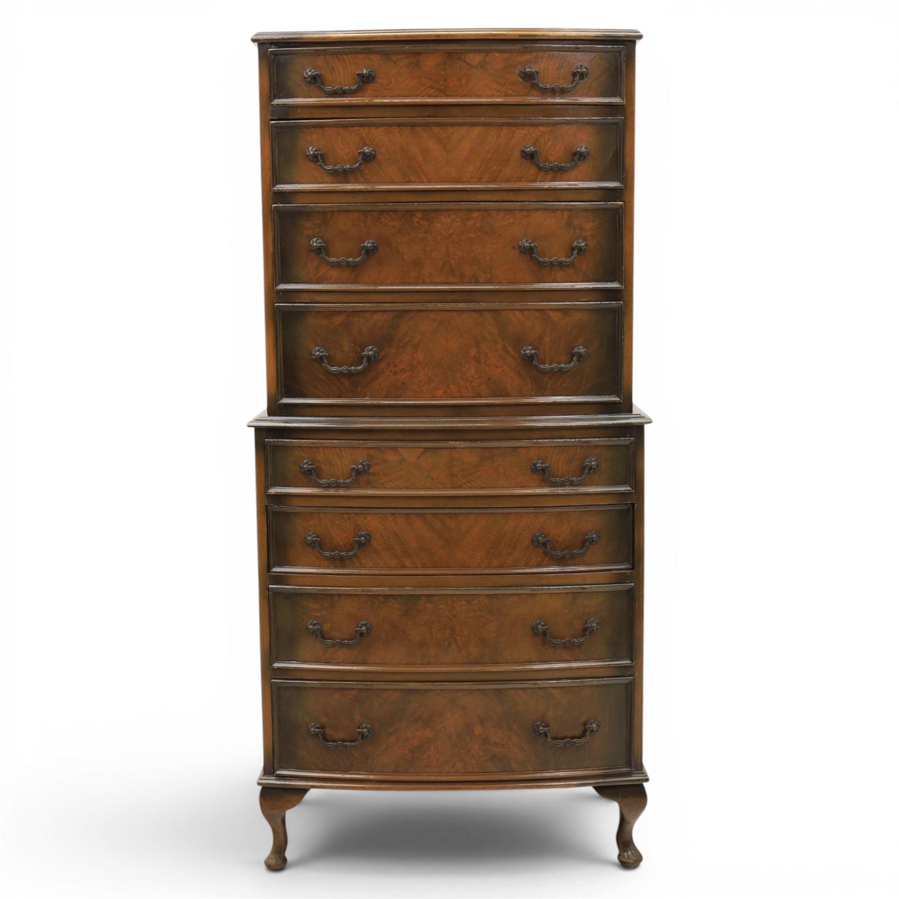 Georgian design mahogany bow-front chest-on-chest, the top section with four graduated drawers above a fixed lower section with four further graduated drawers, raised on cabriole legs