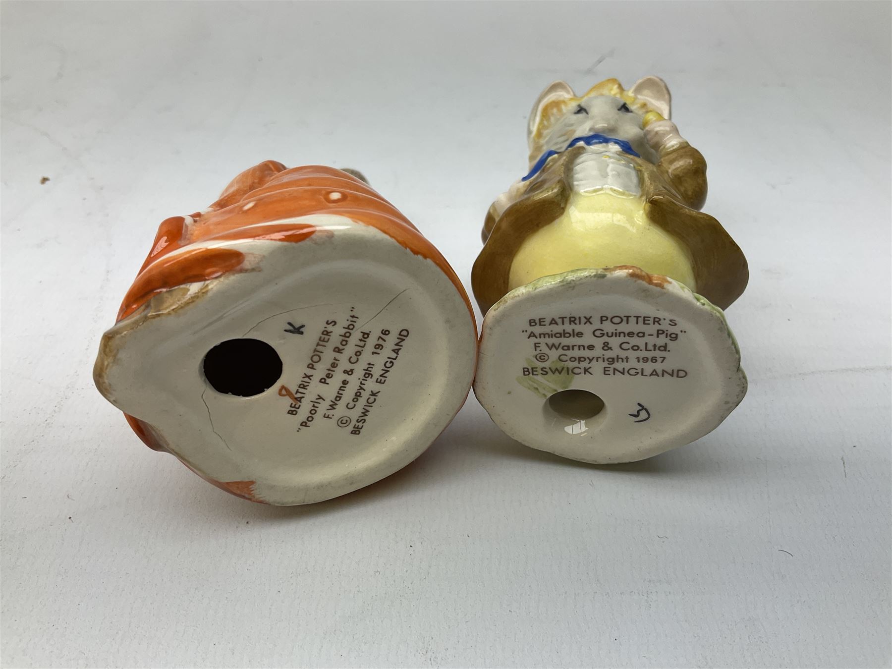 Nine Beswick Beatrix Potter figures, comprising Tabitha Twitchett, Appley Dapply, Tom Kitten Tailor of Gloucester, Ribby, Hunca Munca, Amiable guinea-pig, Miss Moppet and Poorly Peter rabbit,  all with printed mark beneath 