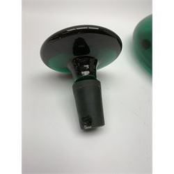 19th century green glass ships decanter with flat topped stopper, H21.5cm, together with a set of four 19th century green glass wine glasses, the funnel bowls upon bladed knopped stems and circular feet, H13cm