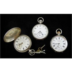 Two silver open face keyless lever pocket watches by Favre-Leuba & Co Zenith and Record James Walker, London and a full hunter lever fusee, the dial stamped Made in England for Stevenson Bros Adelaide, all with white enamel dials and subsidiary seconds dial, hallmarked (3)