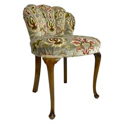 Edwardian beech dressing table chair, scallop back, upholstered in foliate patterned fabric with sprung seat, raised on cabriole supports (W50cm H73cm); and matching walnut and beech kidney shaped stool (W60 H49cm)