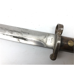  19th century British Mole bayonet, 30.5cm blade stamped Mole 6/94, WD broad arrow, crowned B over 35 X, brass rivited wooden slab hilt, pommel stamped T 5.R.S 118, 1947 struck out, L42cm in nickel mounted leather scabbard, L44cm  