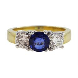 18ct gold three stone round sapphire and diamond ring, hallmarked, sapphire approx 1.10 carat, total diamond weight approx 0.40 carat