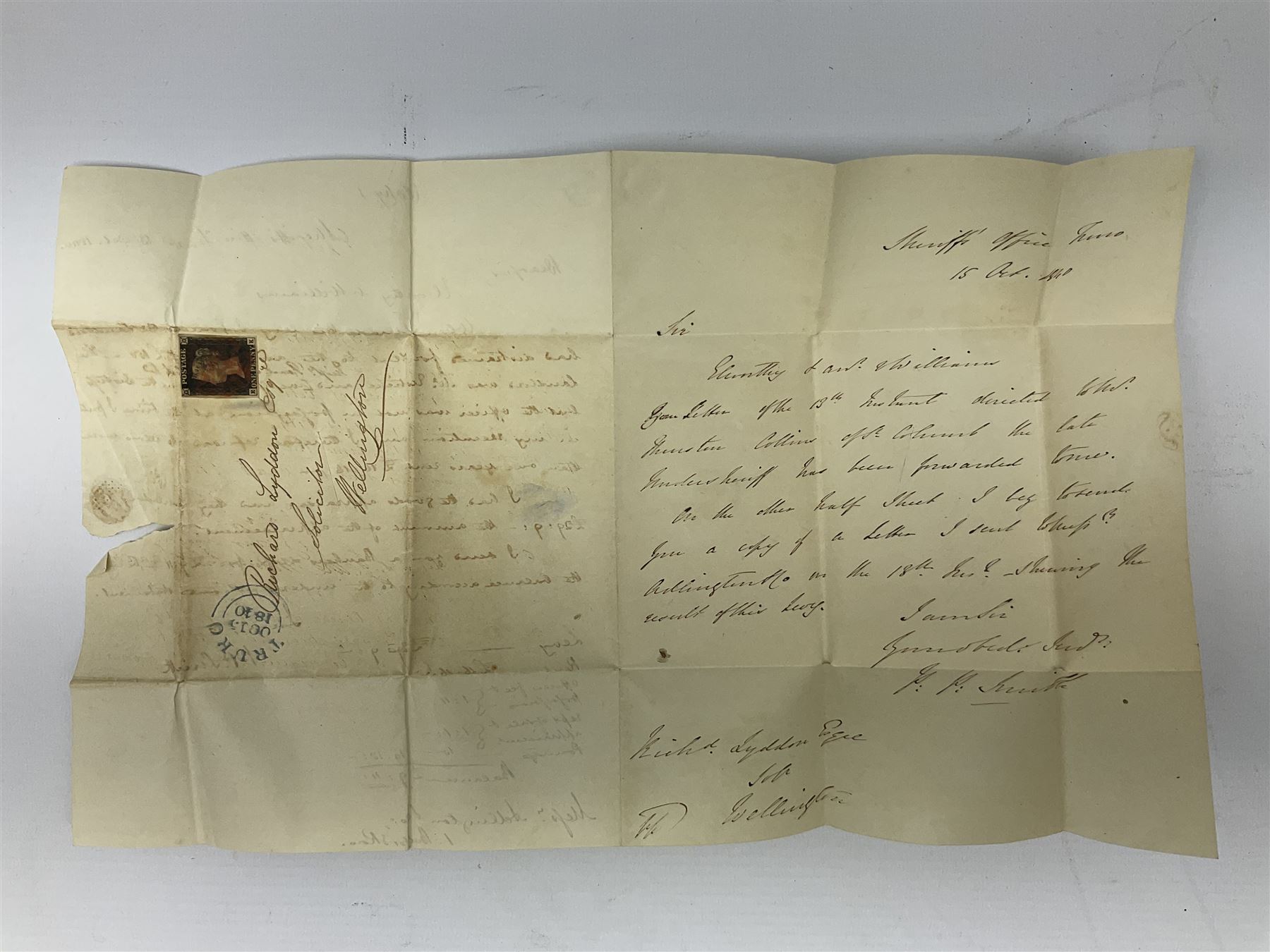 Queen Victoria penny black stamp on letter, red MX cancel