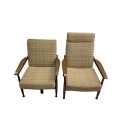 Guy Rogers - pair mid-century 'Manhattan' teak framed open armchairs, upholstered seat and back on turned supports