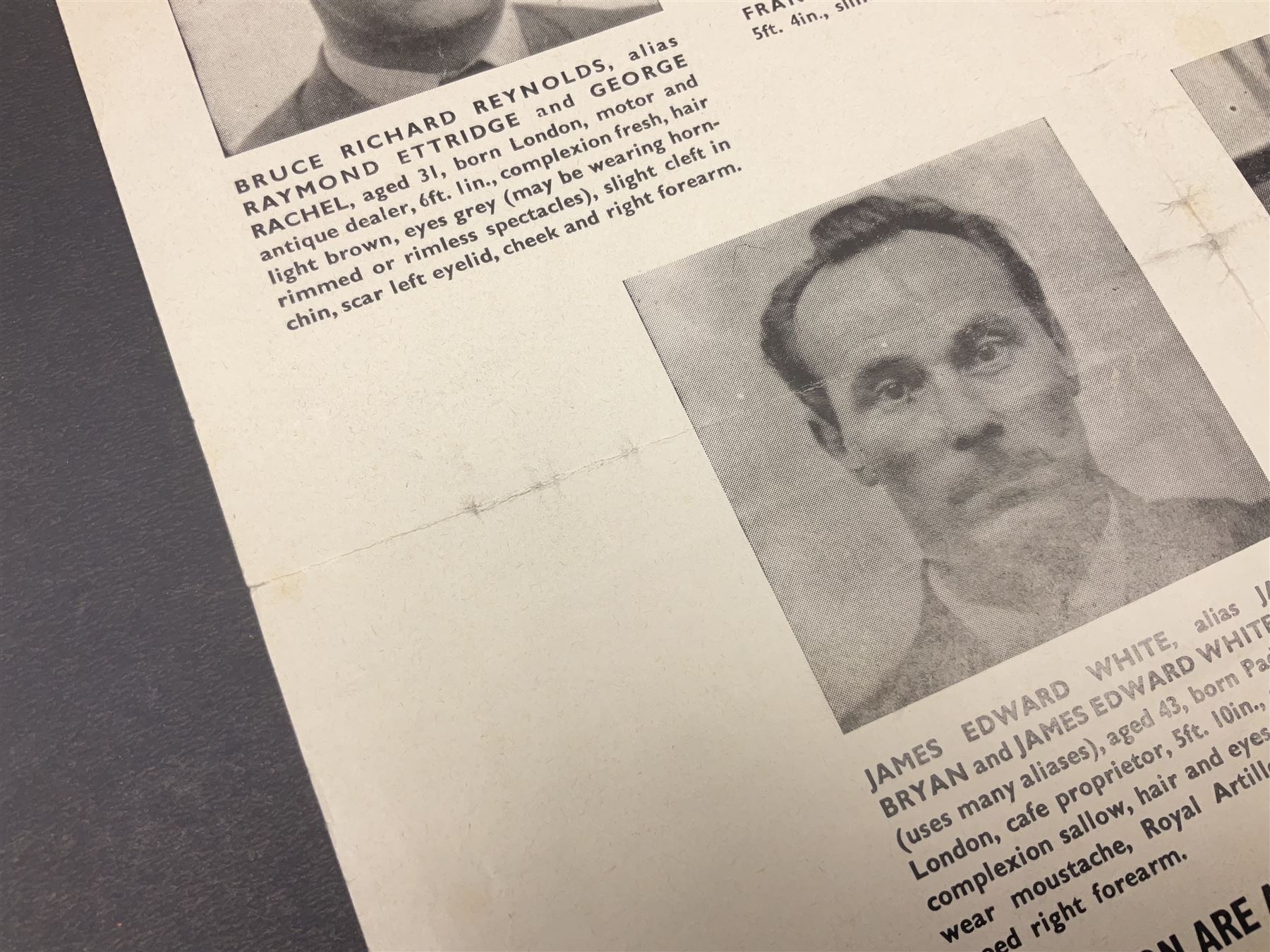 Great Train Robbery; Metropolitan Police printed poster, 'The Assistance of the public is sought to trace the whereabouts of the after described persons .....', printed by Wavell Press Ltd, 1963
Provenance by vendor repute: The poster was given to the vendor in 1985 by a colleague who was previously a detective sergeant of the Metropolitan Police, who had as a junior officer and worked on the case  of the Great Train Robbery. The hand written dates they were written on the poster when they were arrested   