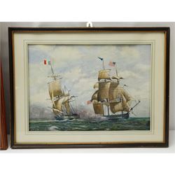 Adrian Thompson (British 1960-): 'Setting the Sail for Home' - HM Bark Endeavour, limited edition colour print signed dated '98 and numbered 97/500 in pencil 49cm x 37cm; RJ Wakefield (British 20th century): USS Constellation vs L'Insurgente, watercolour signed 28cm x 40cm (2)