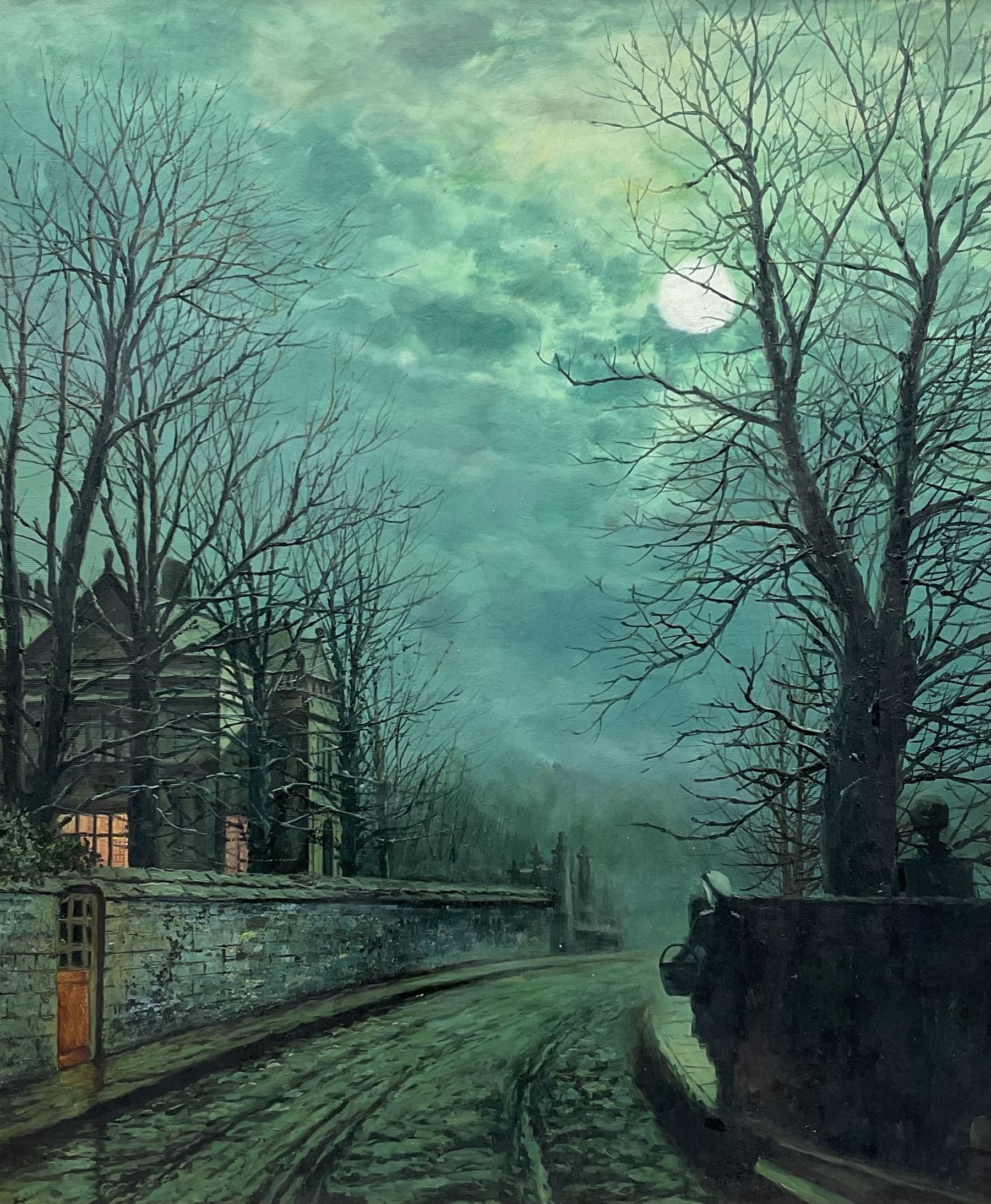 Manner of John Atkinson Grimshaw (British 1836-1893): Moonlight Winter Scene Headingly Lane Leeds, oil on board unsigned 60cm x 50cm