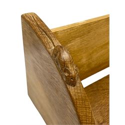 'Mouseman' adzed oak book trough, curved end supports, carved with mouse signature, by Robert Thompson of Kilburn 