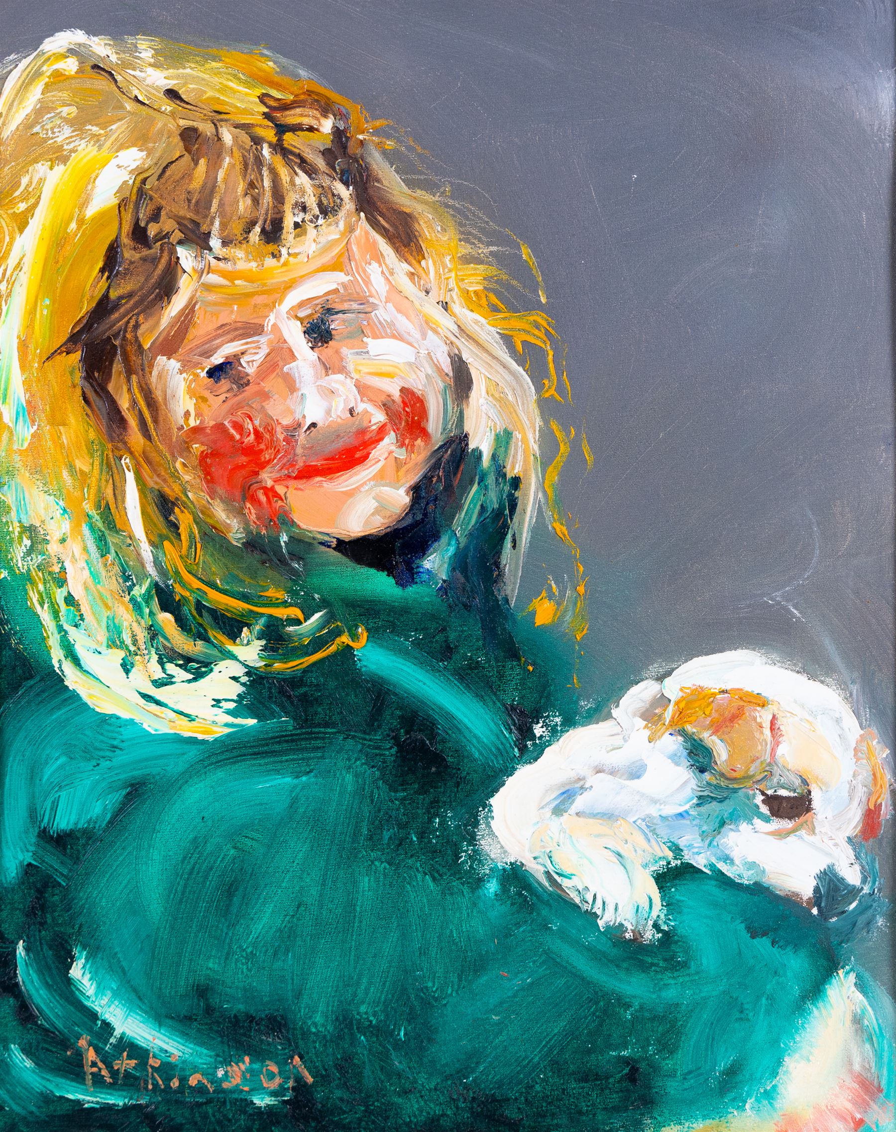 Sue Atkinson (British 1949-): Portrait of a Girl and Dog, oil on board signed 50cm x 39cm 