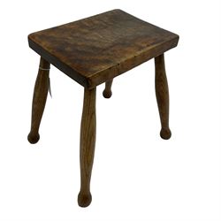 19th century stool, rectangular sycamore top on four swell-turned elm supports 