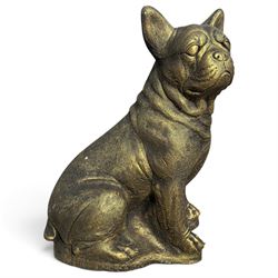 Bronzed composition figure of a seated French bulldog, together with a collection of vintage painted cast stone garden gnomes