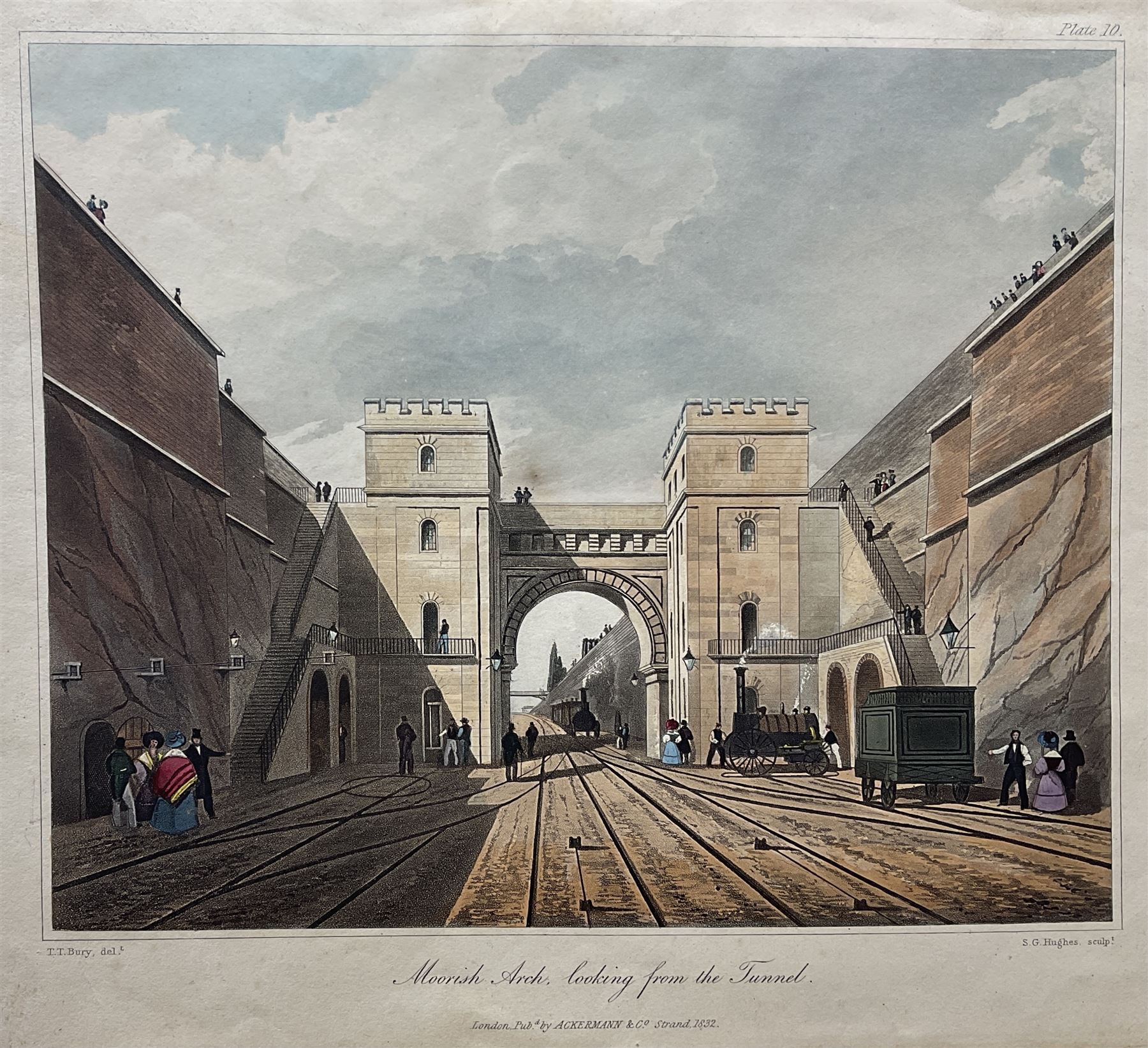 Henry Pyall and S G Hughes after Thomas Talbot Bury (British 1811-1877): Views on the Liverpool and Manchester Railway, twelve aquatints (two doubled up) with hand colouring pub. Ackermann c.1831-1833, 20cm x 25cm (12) (unframed)
Notes: Plates consist of: '[1] The Tunnel' (x2) (both 1831 and 1833 editions), '[2] Entrance of the Railway at Edge Hill Liverpool', '[3] Excavation of Olive Mount four miles from Liverpool', '[6] Entrance into Manchester across Water Street', '[8] Railway Office Liverpool', '[9] Warehouses at the end of the Tunnel towards Wapping' (x2) (both 1831 and 1833 editions), '[10] Moorish Arch looking from the Tunnel' '[11] Near Liverpool looking towards Manchester', '[12] Rainhill Bridge', '[13] Taking in Water at Parkside'.