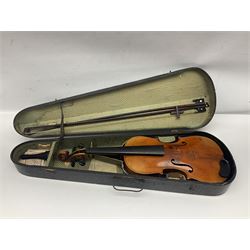 German violin c1900 for re-assembly with 36cm two-piece maple back and ribs and spruce top; L59cm; in ebonised wooden 'coffin' case with two bows