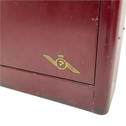 The Coronet Tool Co. Derby - early to mid-20th century maroon finish industrial metal workshop cabinet, fall front door enclosing a single shelf, fitted with brass handle