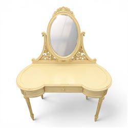 French Louis XV design cream painted dressing table and matching stool, kidney shaped top, with tilting oval mirror, carved uprights raised on fluted and turned supports 