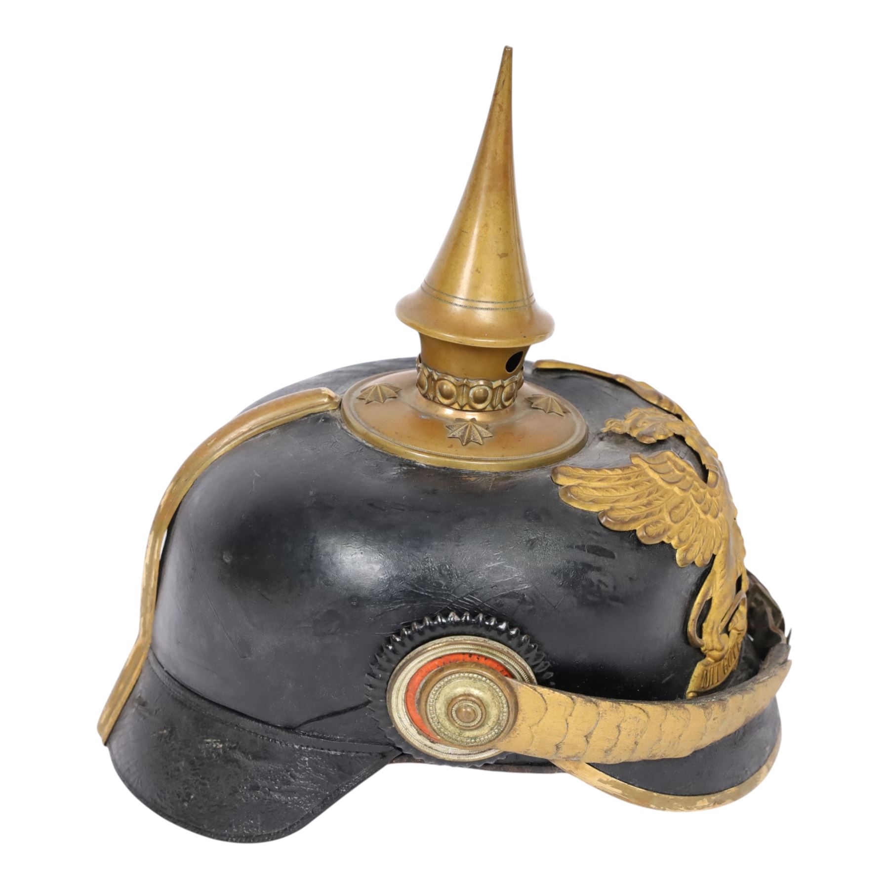 WWI Prussian Pickelhaube, Baden Infantry Regiment, the black leather skull with detachable brass spike, the circular base plate set with four star retaining studs, brass eagle helmet plate, both sides with red and black cockades