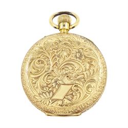 19th / early 20th century 18ct gold open face keyless lever pocket watch, white dial with Roman numeral hour markers, engraved foliate case with empty cartouche, Helvetia hallmark