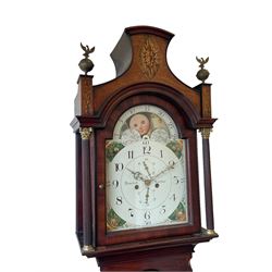 John Bancroft of Scarborough - a fine late George III 8-day mahogany longcase clock, with an elaborate pagoda pediment, brass ball and eagle finials and oval conch shell inlay, break arch hood door flanked by reeded pilasters with brass Corinthian capitals, trunk with inlaid canted corners and a break arch trunk door with 
