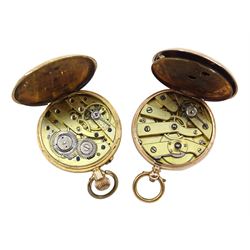 Gold open face ladies keyless cylinder fob watch stamped K14 and one other rose gold open face key wound ladies cylinder pocket watch, stamped 9K, both with white enamel dials with Roman numerals and gold decoration (2)