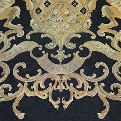 Large heraldic wall hanging, decorated with gilt threads, the central coat of arms over Latin motto 'Mea Gloria Fides' or 'Faith is my Glory',  174cm x 255cm