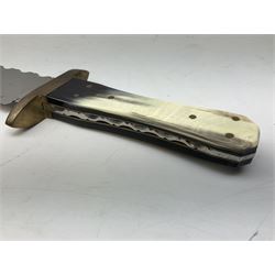 Large Bowie knife the 21cm steel blade marked J.E. Middleton & Sons Rockingham Street Sheffield with brass cross-piece and polished horn grip scales; in leather sheath L36cm overall