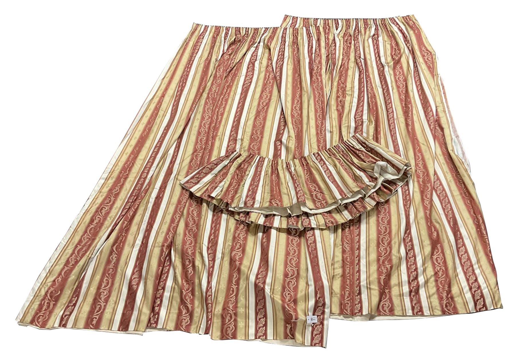 Montgomery interior fabrics - Pair pleated and lined curtains in red and gold regency striped fabric decorated with trailing foliage and matching pelmet (W445cm), each curtain - W233cm (at pelmet), Drop - 271cm