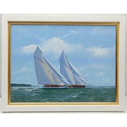George Drury (British 1950-): J Class Yachts 'Britannia' and 'Valkyrie III' 1895, oil on canvas board signed, titled verso 42cm x 57cm